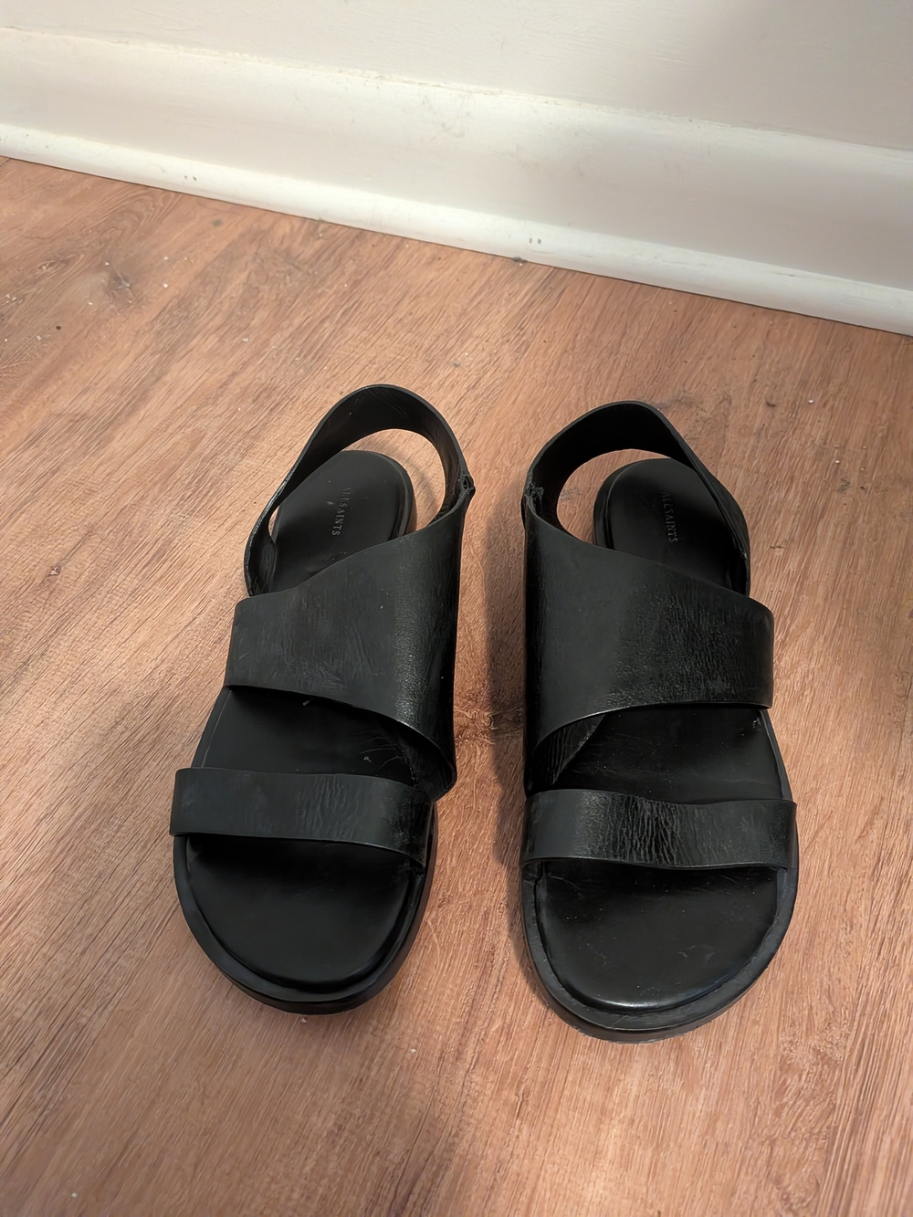 AllSaints Black Leather Crisscross Strap Sandals Elastic Sling-Back